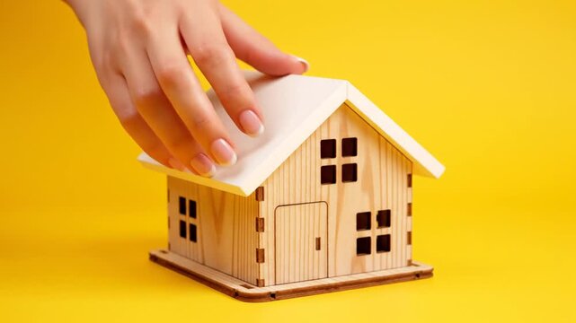Close-up of a woman's hand reaching for the white roof of a small wooden miniature house model isolated on a bright yellow background, representing real estate and home ownership.