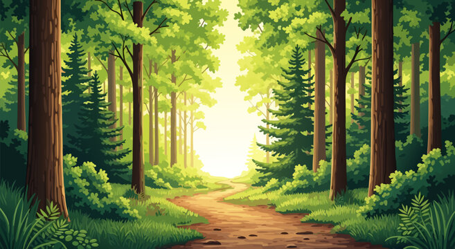 Enchanting forest path leading to a bright, sunlit clearing in a serene nature vector illustration, perfect for outdoor adventure and tranquility