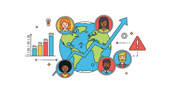 Global business growth represented by diverse people icons around planet earth with positive data charts and arrow.