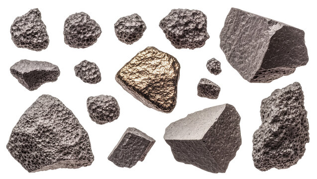 Isolated diverse metallic samples including porous grey fragments and a gold nugget