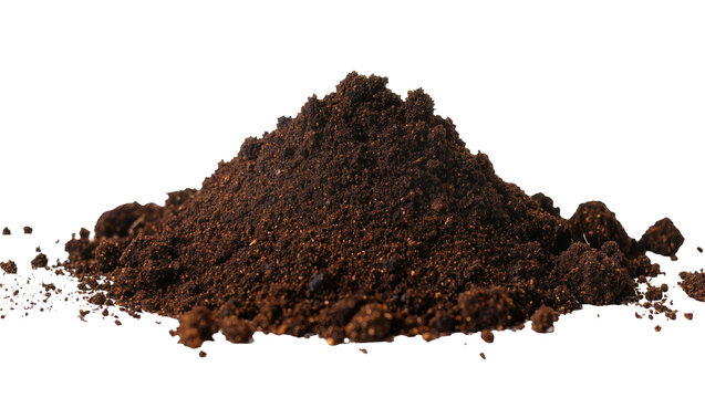 Isolated mound of dark brown granular organic topsoil or garden earth for cultivation.