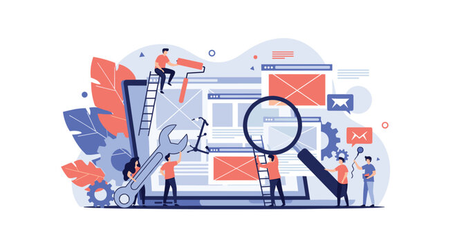 Team of miniature web developers works together to build and repair a large website on a laptop screen using various industrial tools.