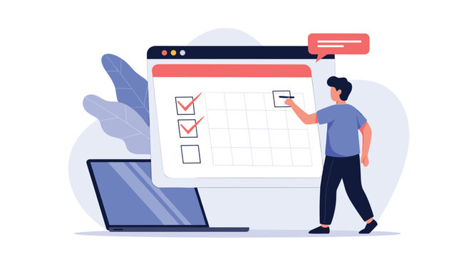 Organised professional marks completed tasks on a large floating calendar checklist next to a laptop for efficient time management.