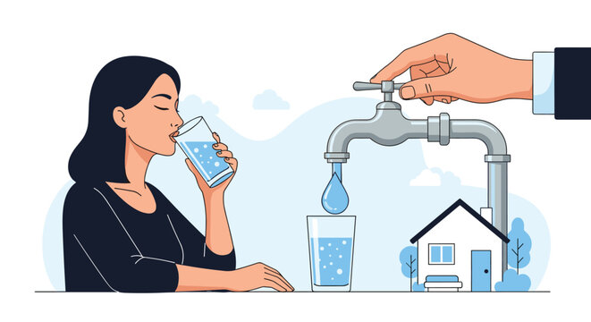Woman drinks a glass of clean water while a hand turns on a tap over a small house to represent municipal water supply and utilities.