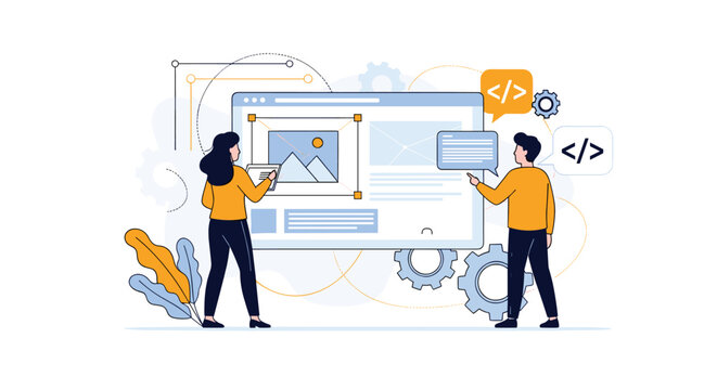 Professional web developers working together to design a website layout with images, text blocks, and coding icons for digital optimization.