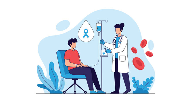Female doctor administering chemotherapy or intravenous treatment to a seated male patient for cancer awareness and medical support.