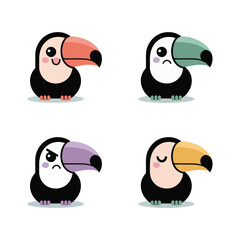Fototapeta premium Toucan Bird Pair Icon Set, Tropical Beak Characters, Trendy Style, Colorful Flat Vector Icons, Sticker Pack Decorative Elements For Branding