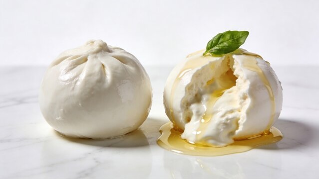 Fresh Burrata cheese with olive oil and basil leaf