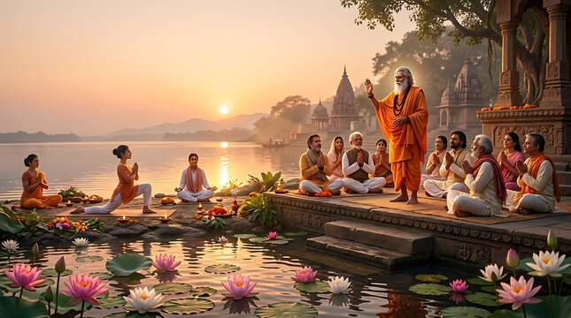 Guru Purnima Spiritual Celebration at Sunrise by Holy River