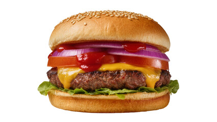 Isolated classic cheeseburger with melted cheese, fresh lettuce, red onion, tomato, and ketchup