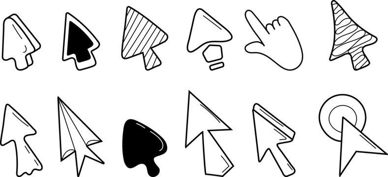 Hand drawn vector set of cute mouse cursor arrows and clicking hand pointers in doodle style