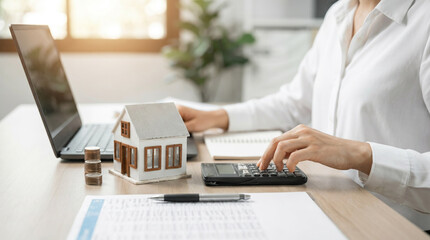 Obraz premium A person calculating property investments with a calculator, surrounded by coins and a house model, representing real estate business.