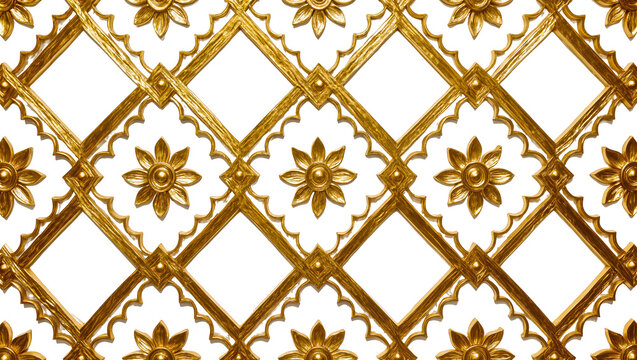 Isolated golden ornate decorative pattern featuring elegant floral motifs and geometric lattice design
