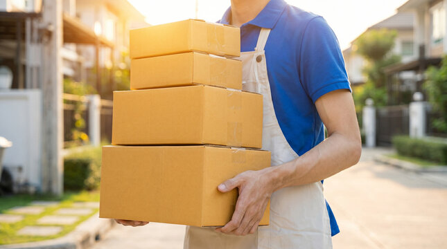 A delivery worker carrying multiple packages for transportation, symbolizing parcel service, delivery logistics, and shipping efficiency.