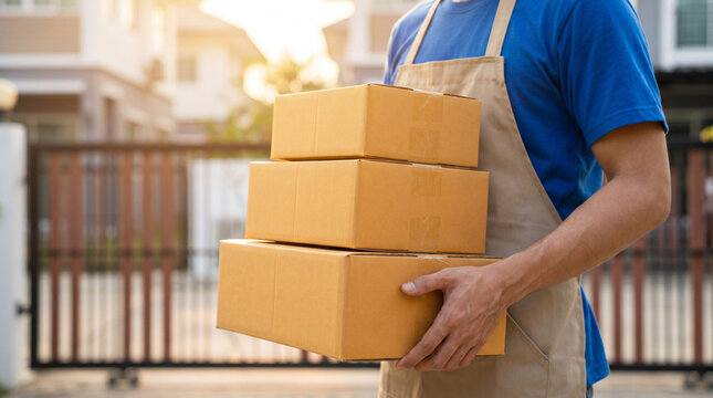 Man holding a stack of cardboard packages, perfect for e-commerce delivery, courier services, and parcel shipping industry concepts.