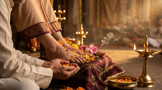 Guru Purnima Celebration Ritual Offering Flowers to Gurus Feet