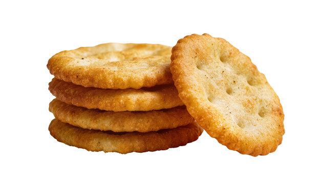 Isolated delicious golden brown crispy round crackers stacked and one standing close up