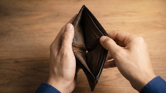 An individual looking at an empty wallet, representing financial difficulties, bankruptcy, or economic hardship