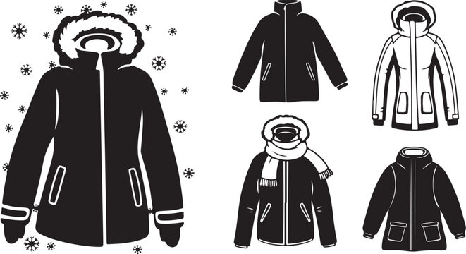 Set of winter parkas and warm jackets with fur hoods