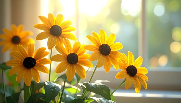 Sunny yellow black-eyed susan flowers with water droplets near a window, warm golden hour light, soft bokeh background, nature's beauty, floral arrangement, fresh morning.