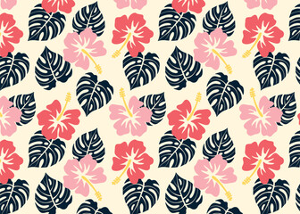 Seamless Pattern with Tropical Hibiscus Flower and Monstera Leaves © Gabriela Popova