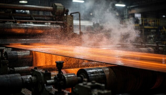 Focused medium shot capturing a long steel strip glowing orange as light cooling spray mists the surface with blurred machinery and steam in the background.