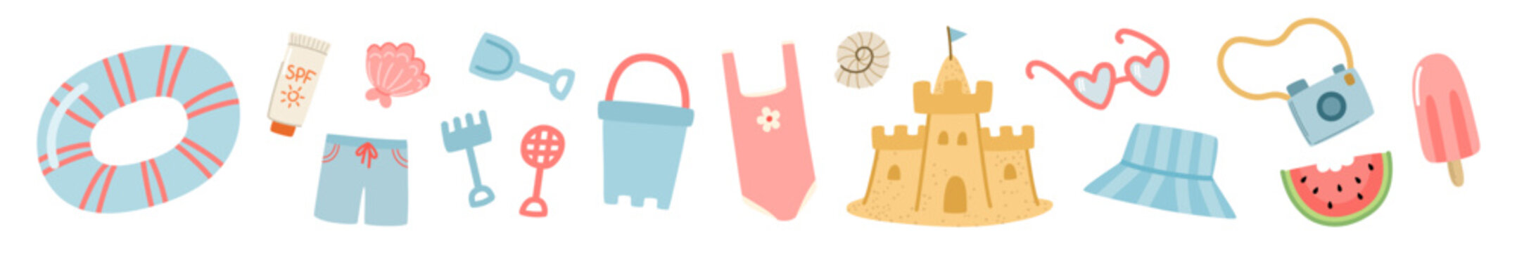 Summer beach set with sandcastle, swimwear and vacation accessories. Holiday elements in naive hand-drawn style. Minimalist doodle for kids stationery, textiles and nursery packaging.