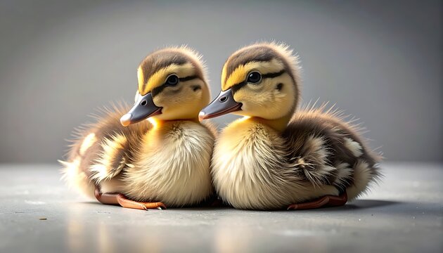 Two fluffy newborn ducklings sitting together on a textured surface, gentle lighting highlights their downy feathers and innocent expressions, perfect for spring or nature themes.