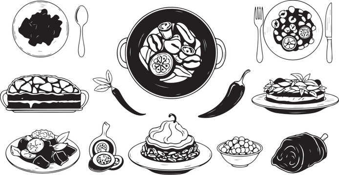Food menu items and meal collection icons with restaurant