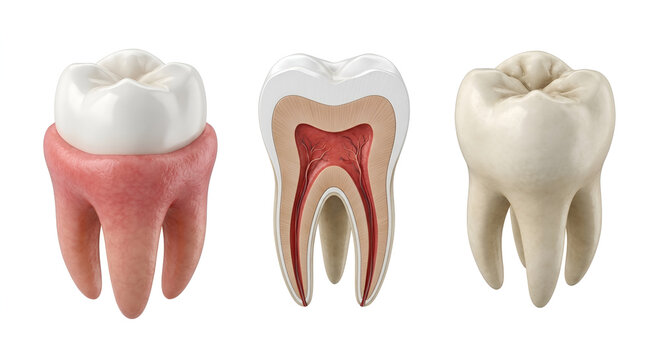 Human molar tooth anatomy set, 3D render of healthy tooth, cross section showing pulp, and gum inflammation on white background
