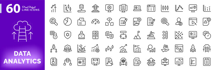 Fototapeta premium Data analytics line icon set. Business, financial, reporting, growth, chart, graph, and professional statistics visualization vector icons pack. Editable icon illustration