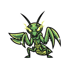 Fototapeta premium Green cartoon praying mantis insect creature.