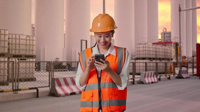 Asian Female Engineer With Safety Helmet Using Smartphone While Standing at Storage Facility with IBC Totes, Large Silos at Sunset