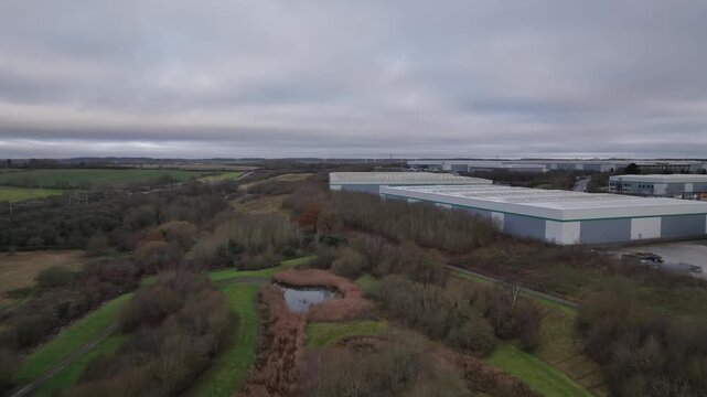 Aerial Drone View of Prologis Park Industrial Warehouses in Kettering Northamptonshire England