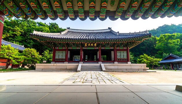 Traditional Korean pavilion with ornate colorful roof details, stone pathway, lush green trees, and a serene atmosphere, ancient architecture
