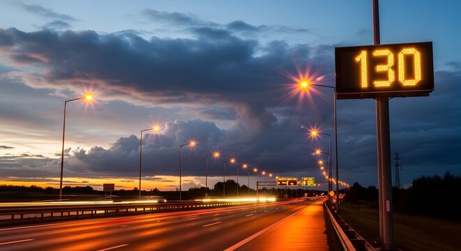 Night highway drive with illuminated digital speed limit sign