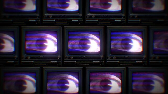 A looping background of stacked retro televisions with distorted glitch and interference noise featuring blinking eyes.
