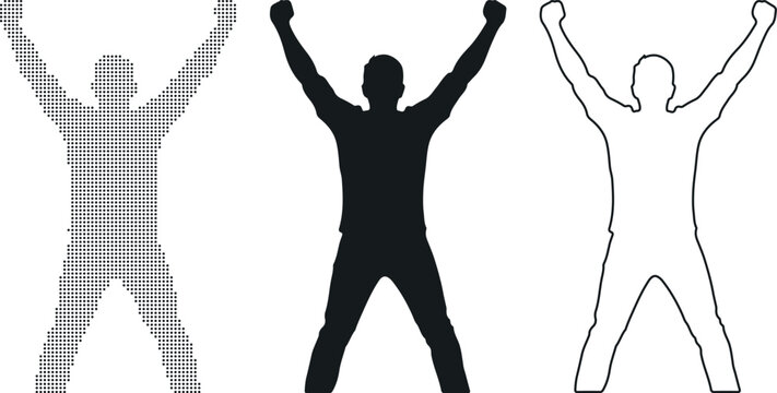 Man with arms raised in celebration in dot pattern, silhouette, and line drawing success victory