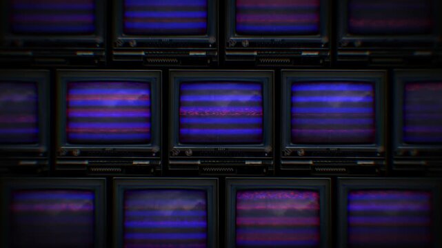 A looping background of stacked retro televisions with distorted glitch and interference noise.
