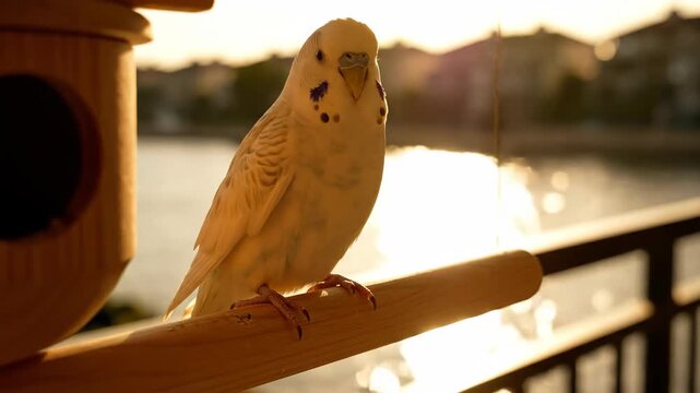 Adorable White Budgerigar Perching on a Wooden Dowel During Golden Hour Sunset