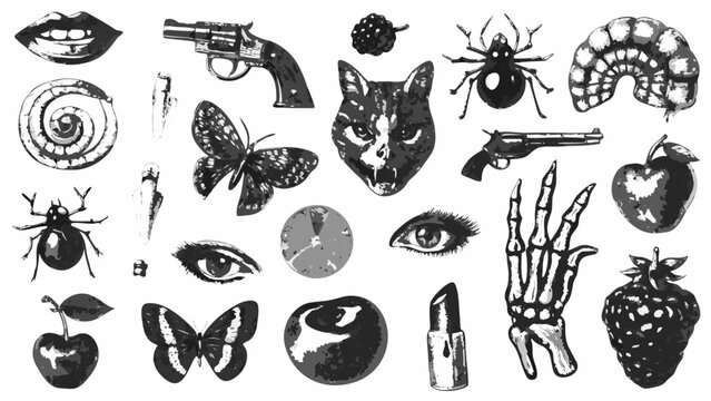 assorted vintage illustrations of lips insects weapons fruit and anatomical parts in black and white high quality professional