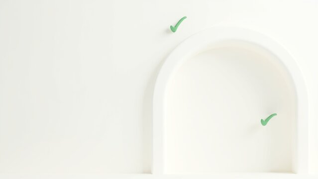 3D Render of Minimalist White Architectural Arch with Green Check Marks Symbolizing Success and Quality Assurance