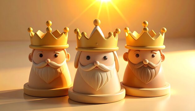 Three wise men figures with golden crowns and beards, stylized, warm golden light, representing Christmas, faith, and tradition, elegant religious characters