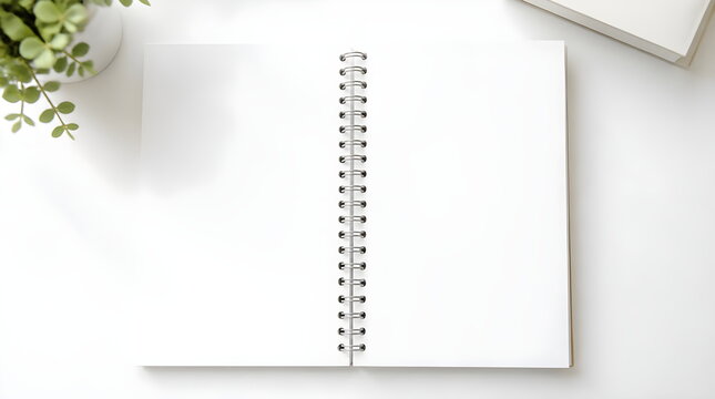 Blank spiral notepad template with an empty paper page for messages or education memos lying on a green and wooden background