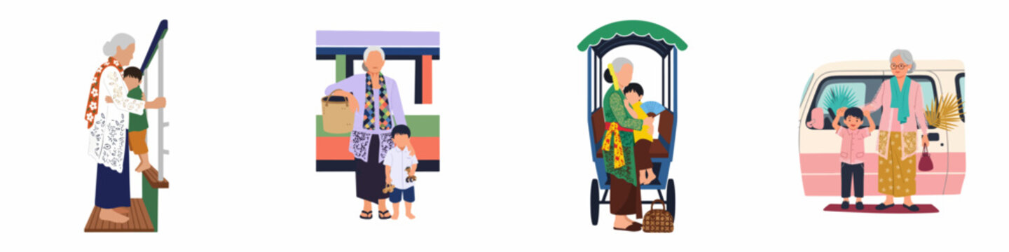 Set of flat illustrations featuring an Indonesian grandmother and her grandson in traditional kebaya attire during various daily activities and travel.