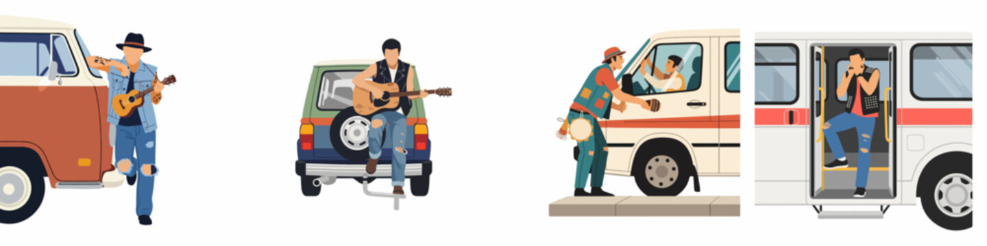 Illustration collection of traveling musicians with various vehicles, featuring men playing guitar, ukulele, and harmonica beside vintage vans, cars, and buses.