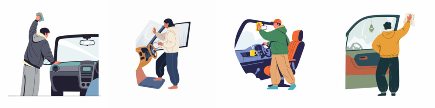 Set of illustrations showing diverse people cleaning car windows and windshields for auto care and hygiene.