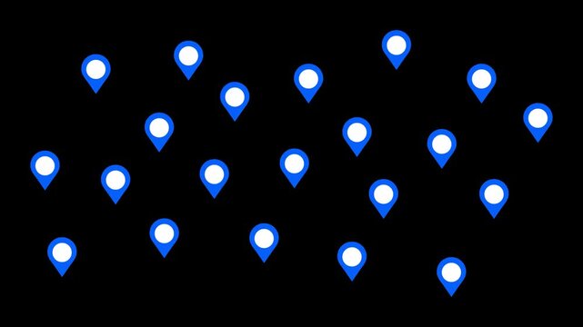 Multiple location pin icons on map layout representing GPS tracking, navigation, geolocation, and location-based services. 2D motion graphics in 4K resolution with alpha channel.
