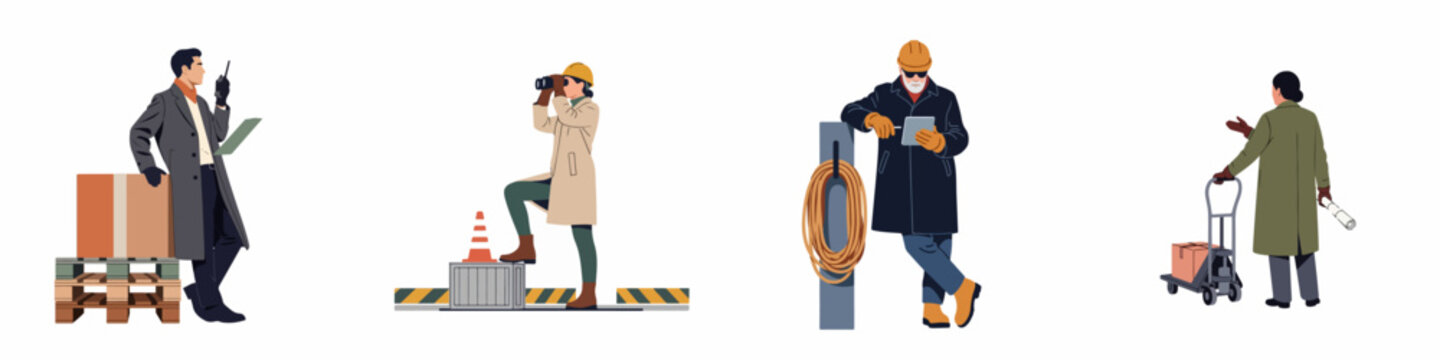 Flat vector illustration of professional workers in logistics, construction, and shipping industries, including supervisors, inspectors, and foremen on a white background.