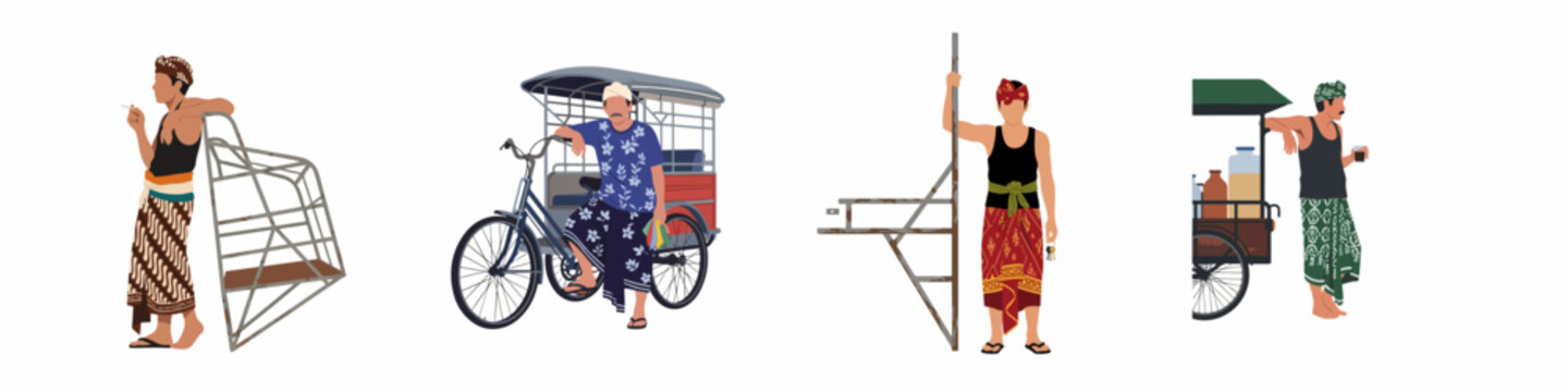 Set of illustrated Indonesian men in traditional sarongs standing with bicycle rickshaws and street food carts, isolated on a white background.